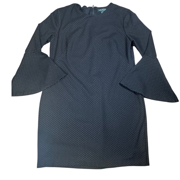 Lauren Ralph Lauren Black Polka Dot Ponte Dress Bell Sleeves Size 14 - Picture 2 of 7